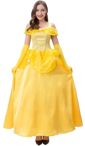 TRACYCY Prinzessin Belle Damen Kostüm Cosplay Die Schöne und das Biest Lang Abendkleid und Handschuhe Anzug Verkleidung Halloween Weihnachten Karneval Geburtstag Partykleid Gelb für Erwachsene von TRACYCY