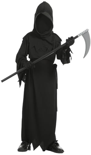 TRACYCY Sensenmann Kostüm Kinder Fasching Cosplay Horror Spectre Ghost Hellraiser Scythe Reaper Anzug mit Zubehör für Halloween Karneval Geburtstag Party Verkleidung Costume, 5-14 Jahre von TRACYCY