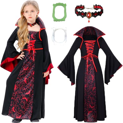 TRACYCY Vampir Kostüm Mädchen Fasching Cosplay Vampir Königin Böse Hexe Mittelalter Gothic Vintage Kleid mit Halskette und Gebiss für Kinder Halloween Karneval Geburtstag Party Verkleidung Costume von TRACYCY