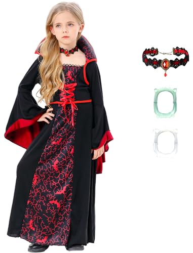 TRACYCY Vampir Kostüm Mädchen Fasching Cosplay Vampir Königin Böse Hexe Mittelalter Gothic Vintage Kleid mit Halskette und Gebiss für Kinder Halloween Karneval Geburtstag Party Verkleidung Costume von TRACYCY