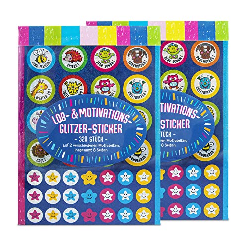 TRENDHAUS 601735 Sticker 2er-Set, 640 Lob- und Motivationssticker, Glitzer Kinder-Sticker, 32 verschiedene Motive, Für Lehrer und Eltern, 15 cm von TRENDHAUS