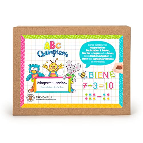 TRENDHAUS 956446 ABC Champions Mini-Magnettafel für Kinder, Magnetische Buchstaben & Zahlen, Kleines Geschenk zum Schulanfang, Gelb, Rot, Pfirsichfarbe, Grün, Blau von TRENDHAUS