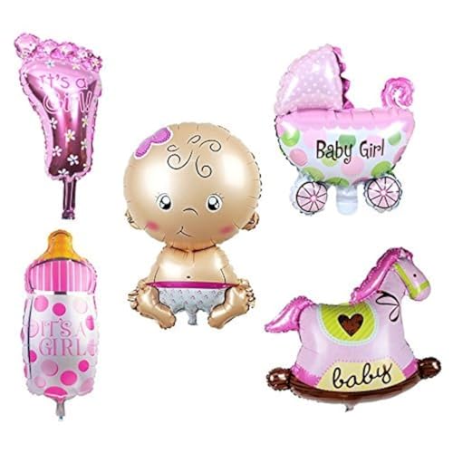 Trixes 5-er Set Folienluftballons in Pink, Motto "Baby-Dusche" in den Motiven Kinderwagen, Schaukelpferd, Fläschchen, Fuß und Baby von TRIXES