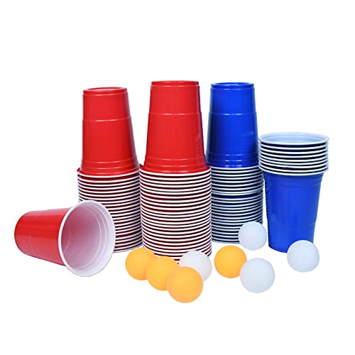 TRMLBE Beer Pong Becher Bierpong Becher Set (100 Beerpong Becher +10 Bällen) Bierpong Becher Wiederverwendbar Plastikbecher Rot und Blau für Party Trinkspiele Geburtstag von TRMLBE