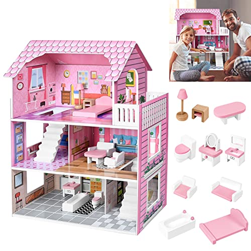 TRMLBE Puppenhaus Holz Große Puppenvilla 3 Etagen mit Möbeln und Zubehör DIY Dollhouse Puppen Spielzeug Mädchen Spielset Puppenstube ab 3 Jahren - 60x24x70cm von TRMLBE