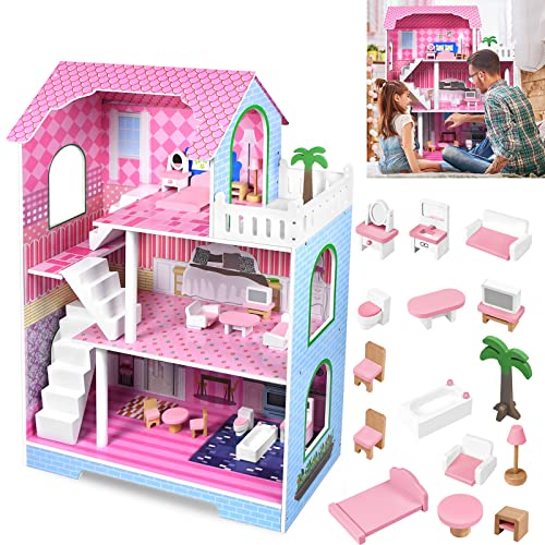 TRMLBE Puppenhaus Holz Große Puppenvilla 3 Etagen mit Möbeln und Zubehör DIY Dollhouse Puppen Spielzeug Mädchen Spielset Puppenstube ab 3 Jahren - 70x36x100cm von TRMLBE