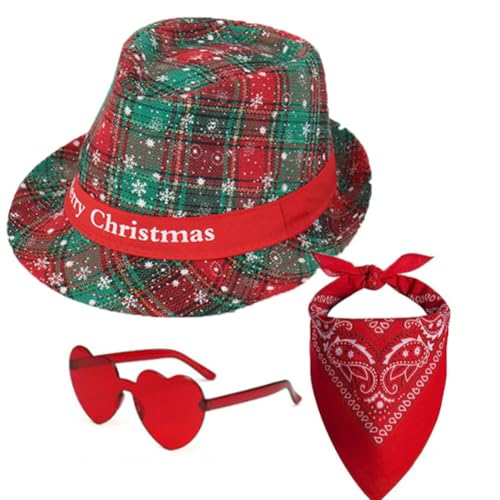 TRNOLPX Weihnachtsmann Kostüm, Rot und Grün Cowboy Hut Gläser Quadratisches Handtuch Set Weihnachtskleidung Dekoration Weihnachten Schneeflocke Karneval Party von TRNOLPX