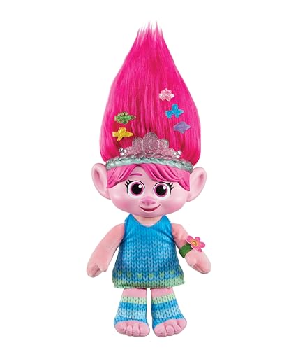 Mattel DREAMWORKS TROLLS Gemeinsam Stark-Haarige Überraschung Königin Poppy Plüschfigur mit Leuchtfunktion und Geräuschen, inklusive Haarklammern und Freundschaftsarmband, ab 3 Jahren, HTM14 von Mattel