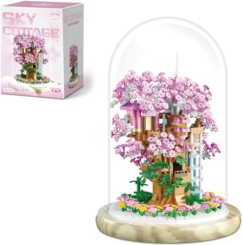 Kirschblüten Baumhaus Bausteine Bausatz, 2080 Teile DIY Sakura Baum Baumhaus Modell mit Staubschutzhülle, Sakura Baumhaus Bonsai Bausteine Set, Modular Kirschblütenbaum Modellbausatz von TRavesty