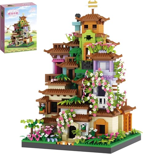 TRavesty Magisches Blumenhaus Baustein Sets, 3350 Teile Modular Haus Bausteine Bausatz, Architektur Haus Bausteine Stadthaus Modell, Kirschblüten Baum Haus Modellbausatz Geschenk für Kinder von TRavesty