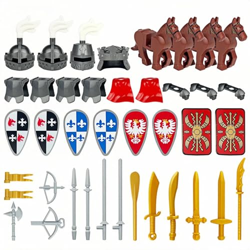 TRavesty Waffenpaket für Minifiguren, Mittelalterliche Ritter Waffenpaket Zubehör Kit Enthalten Helmsd, Rüstung, Schild, Umhänge Barding, Pferde Kompatibel mit großen Marken von TRavesty