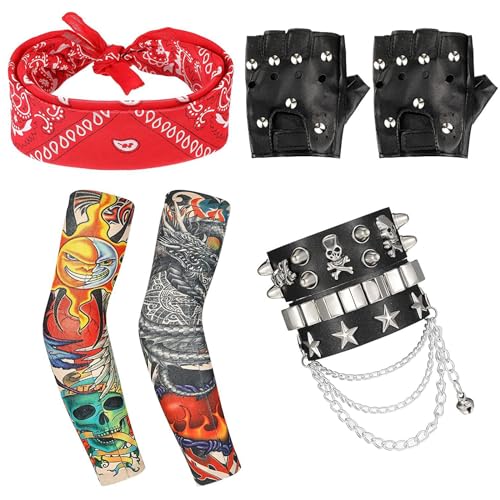 TSBB Punk Gothic Kostüm Set Rock Heavy Metal Zubehör Sonnenbrille Handschuhe Bandana Für Halloween 80er Party Heavy Metal Rock Zubehör von TSBB