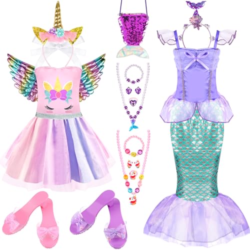 Prinzessinnenkleidung für Kleinkinder, Meerjungfrau-Prinzessin und Einhorn-Kostüm mit Tutu, Unicron-Flügel, Spielschmuck, Stirnband, Anziehschuhe, Prinzessinnen-Spielzeug und Geschenk für Mädchen von TSDATOWR