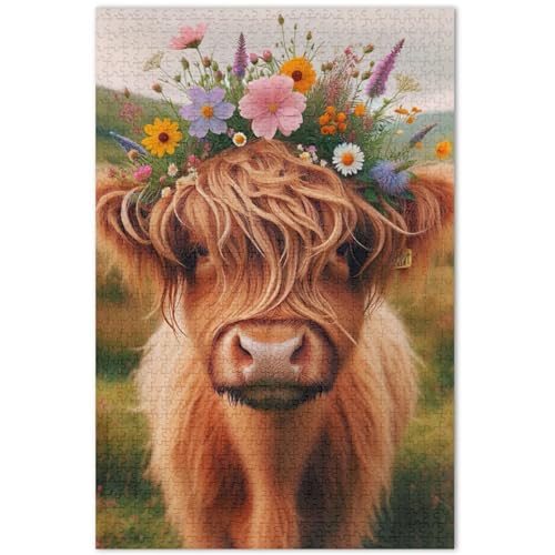 Highland Cow Floral Calf Puzzle für Erwachsene, 500 Teile, Tiermalerei, Kunst, Natur-Puzzle, weißer Elefant, 50,5 x 37,8 cm von TSENQUE