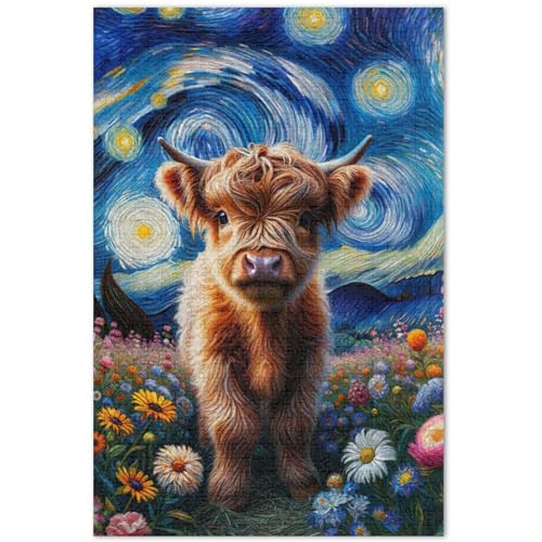 Sternennacht, Hochlandkuh, Puzzle, 500 Teile, für Erwachsene, Landschaft, Blumenkunst, schwierige Puzzles, Geschenke für weiße Elefanten, 500 Teile von TSENQUE