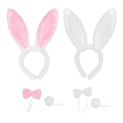 TSHAOUN 2 Sets Hasenohren Haarreif, Bunny Ohren Haarreif Cosplay,Tier Kostüm Set, Bunny Kostüm Set Stirnband Fliege Schwanz für Kinder Erwachsene Karneval Party von TSHAOUN