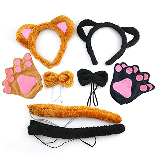 TSHAOUN 2 Sets Kostümset Katze, Katze Tierkleid Cosplay Set Katzenohren Stirnband Kätzchen Schwanz Ohren Kragen Pfoten Handschuhe für Halloween Fasching Karneval (Katze und Bär) von TSHAOUN