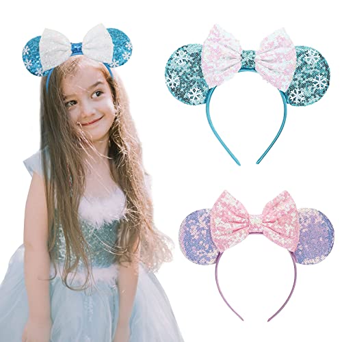 TSHAOUN 2 Stück Bow Headbands Mouse Ears für Kinder & Erwachsene Ohren Maus Glitter Schmetterling Haarband Mädchen, Schleife Stirnbänder Frauen Cosplay Kostüm für Partys, Kostümfeste (Rosa und Blau) von TSHAOUN