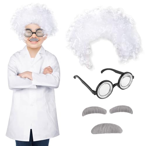 TSHAOUN 4 Stück Verrückter Professor Wissenschaftler Perücke mit Brille Nerd Schnurrbart Augenbrauen Herren Weiß Locken Perücke Alter Opa Professor Kostüm Kinder Erwachsene Karneval Halloween (4PCS) von TSHAOUN