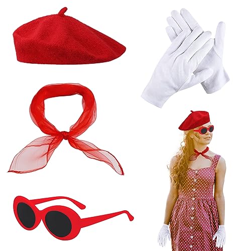 TSHAOUN 4TLG Rockabilly Accessoires 50er Jahre Damen Kleid Zubehör 1950s Kostüm Set,Rote Baskenmütze, Schal, Sonnenbrille, Handschuhe,60er Jahre Kleidung für Motoparty Retro Teily Party (Rote) (Rote) von TSHAOUN