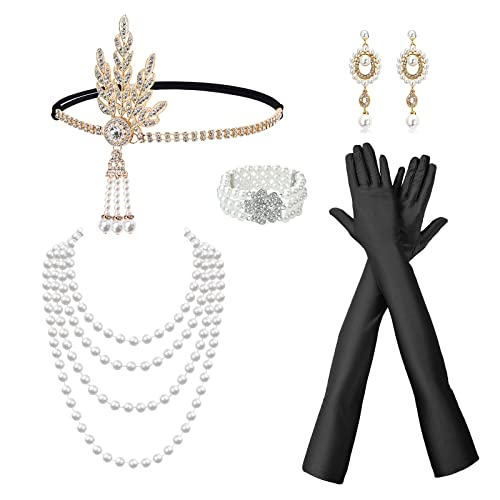 TSHAOUN 6 Stück 1920s Flapper Accessoires Set,1920 Zubehör Set 20er Jahre Themenset mit Stirnband Kopfbedeckung schwarze Handschuhe Halskette,Great Gatsby Zubehör. von TSHAOUN