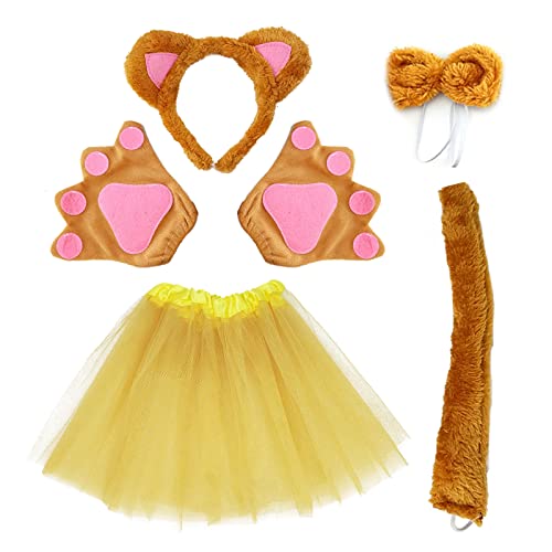 TSHAOUN 6 Stück Bärenkostüm für Kinder Bärenkostüm Tierkleid Cosplay Set Bärenohr Stirnband Bärenschwanz Kragen Pfoten Handschuhe Braun Tutu für Kinder Halloween Fasching Karneval Party (Braun) von TSHAOUN