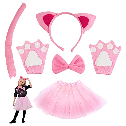 TSHAOUN 6 Stück Kostümset Katze, Katze Tierkleid Cosplay Set Katzenohren Stirnband Kätzchen Rosa Ohren Kragen Pfoten Handschuhe Rosa Tutu für Halloween Fasching Karneval (Rosa) von TSHAOUN