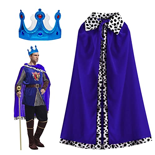 TSHAOUN Erwachsene König Königin Kostüm Königsumhang Königin Umhang mit Krone Königsmantel Samtumhang Königliche Gewänder für Karneval Halloween Cosplay Mottoparty Krönungszeremonie, 120cm (Blau) von TSHAOUN