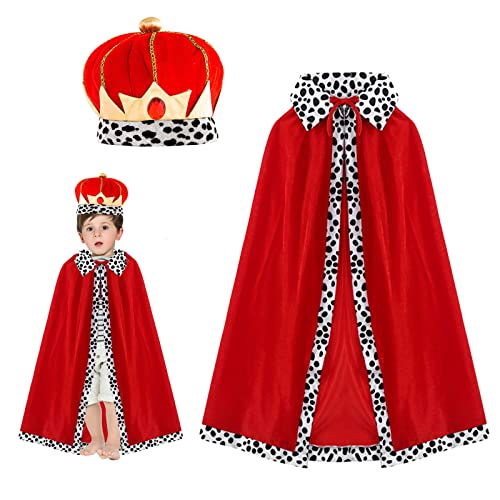 TSHAOUN Kinder König Umhang mit Königshut, Prinz Umhang Königlicher Samtumhang König Kostüm Königin Kostü Mittelalterliche Königliche Kostüme für Cosplay, Halloween, Krönung, Karneval, 80cm (Red) von TSHAOUN