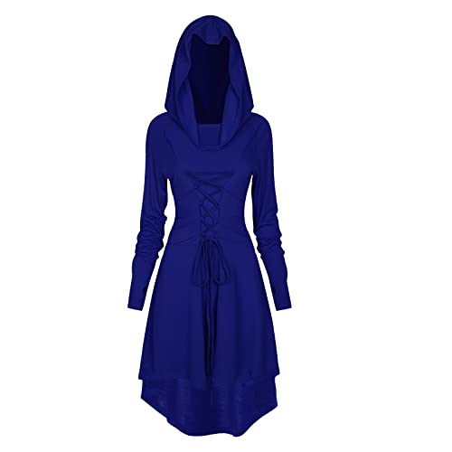 TSIRNK Gothic Kleid Damen,Mittelalter Kleidung Damen,Halloween Kostüm,Renaissance Mit Kapuze Kleid für Halloween Karneval (Blau, L) von TSIRNK