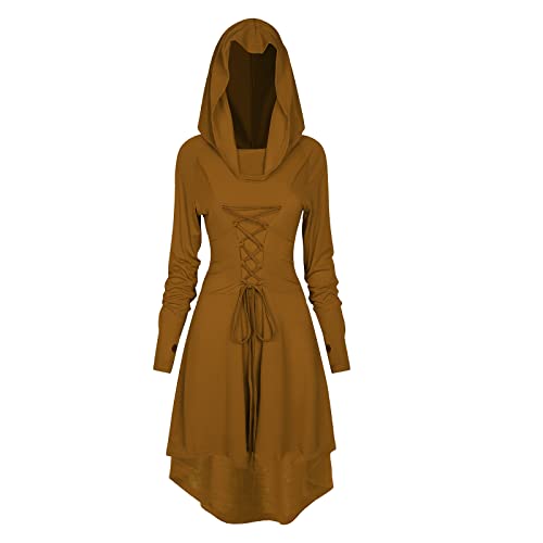 TSIRNK Gothic Kleid Damen,Mittelalter Kleidung Damen,Halloween Kostüm,Renaissance Mit Kapuze Kleid für Halloween Karneval (Gelb, 3XL) von TSIRNK