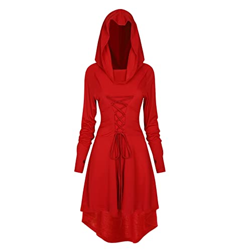 TSIRNK Gothic Kleid Damen,Mittelalter Kleidung Damen,Halloween Kostüm,Renaissance Mit Kapuze Kleid für Halloween Karneval (Rot, L) von TSIRNK