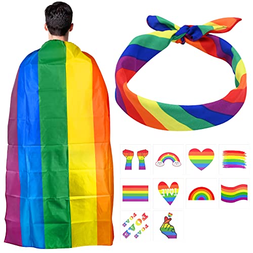 12 Stück Gay Pride Accessoire LGBTQ Gay Pride Regenbogen Set Regenbogen Pride Cape LGBT Regenbogen Stirnband Regenbogen Temporäre Tattoos für Gay Pride Festivals Feierlichkeiten Parade Partydekor von TSLBW