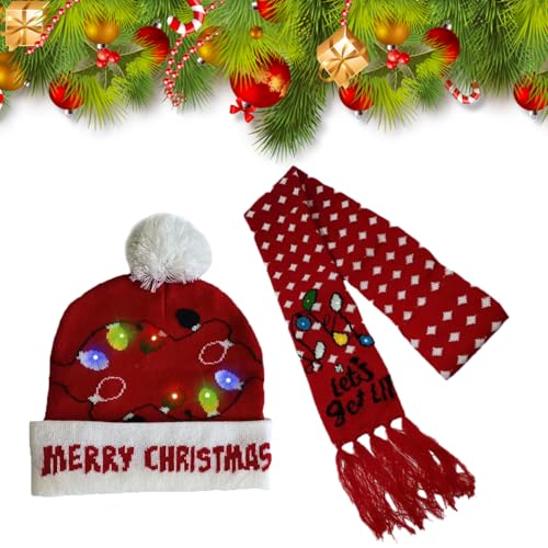 TSLBW 2 Stück Weihnachts LED Mützen Schal Set Weihnachten Beanie Strickmütze Licht Schal Weihnachts mütze und schal mit Licht Unisex LED Weihnachtshut schal für Kinder Winter Xmas Geschenke (Rot) von TSLBW