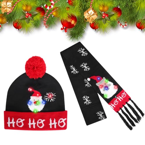 TSLBW Kinder Wintermütze Schal Set Weihnachtsmütze Schal Kinder Weihnachtsmütze mit LED Licht Weihnachtsmann Mütze Schal Warme Wintermütze Schal Set für Winter Weihnachten Party von TSLBW