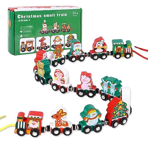 Weihnachten Holzzug Set 14 Stück Holzeisenbahn Spielzeug Magnetische Züge Lernendes pädagogisches Spielzeug Magnetische Weihnachtszug für unter 6 Jahre alt Jungen Mädchen Kleinkind Xmas Geschenke von TSLBW