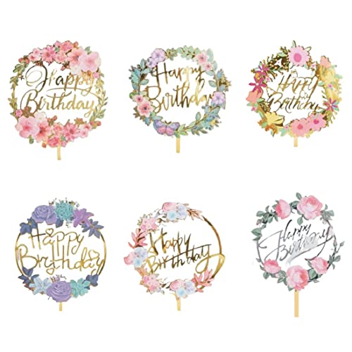 TSLRSA 6 Pcs Happy Birthday Kuchen Topper Set mit Blumen, Acryl Kuchen Topper Acryl Happy Birthday Kuchen Topper alle Arten von Geburtstag Party Hochzeit Kuchen Topper, geeignet für Mädchen, Hochzeit von TSLRSA