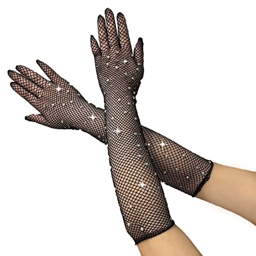 TSLRSA Lange Netzhandschuhe - für Damen Long Fishnet Gloves mit Funkelnden Schwarz Strass Mode Opernhandschuhen für 80er Kostümpartys Halloween Cosplay Zubehör（Schwarze ） von TSLRSA