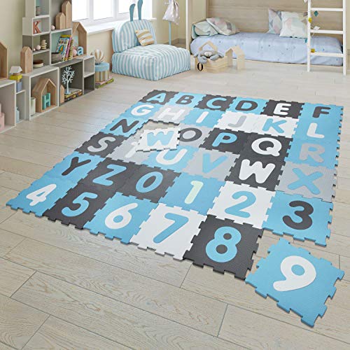 Spielmatte Puzzlematte Kindermatte Schaumstoff Buchstaben Zahlen 36 Puzzleteile, Farbe: Blau, Größe:32x32 cm x 36 Stück von TT Home