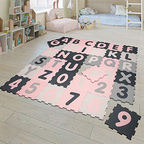 Spielmatte Puzzlematte Kindermatte Schaumstoff Buchstaben Zahlen 36 Puzzleteile, Farbe: Pink, Größe:32x32 cm x 36 Stück von TT Home