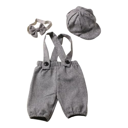 TTAO Baby Jungen Fotografie Outfits Einfarbig Hosenträger Overall Strampler mit hut Fliege Fotoshooting Kostüm Baby Taufparty Geschenk für 0-1 Monate Grau 50-56 von TTAO