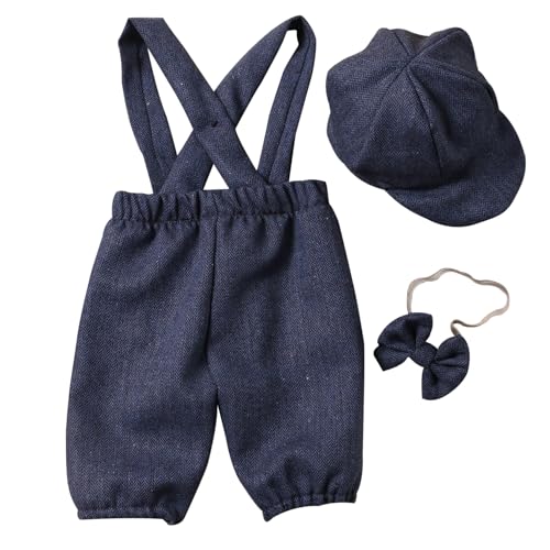 TTAO Baby Jungen Fotografie Outfits Einfarbig Hosenträger Overall Strampler mit hut Fliege Fotoshooting Kostüm Baby Taufparty Geschenk für 0-1 Monate Navy blau 50-56 von TTAO