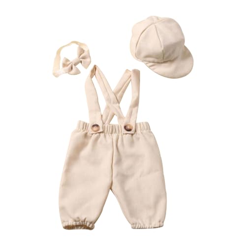 TTAO Baby Jungen Fotografie Outfits Einfarbig Hosenträger Overall Strampler mit hut Fliege Fotoshooting Kostüm Baby Taufparty Geschenk für 0-1 Monate Weiß 50-56 von TTAO