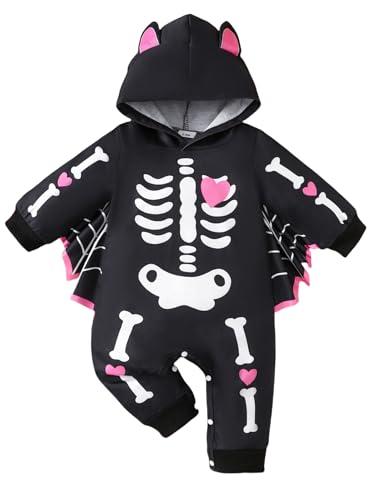 TTAO Baby Mädchen Jungen Halloween Fledermaus Kostüm Schädel Skelett Body Overall Batman-Verkleidung Cosplay Faschingskostüm Schwarz A 50-62 von TTAO