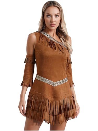 TTAO Damen Ärmellos Faux Wildleder Minikleid mit Ein Paar Armstulpen Set Erwachsene Indianerin Kostüm Native American Wild Western Kostüm Braun M von TTAO