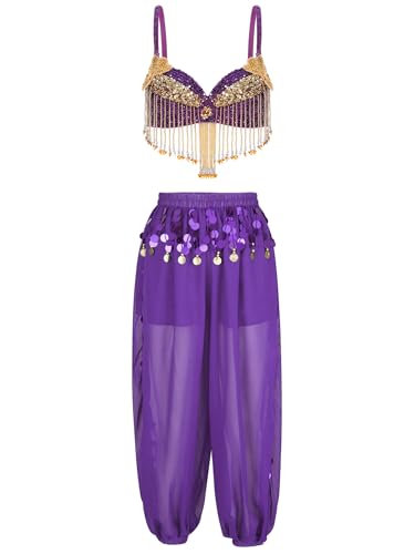 TTAO Damen Indische Tanz Performance-Kleidung Bauchtanz Kostüm Set Pailletten Tanzkleidung Halloween Karneval Party Tanzkleidung Violett Einheitsgröße von TTAO