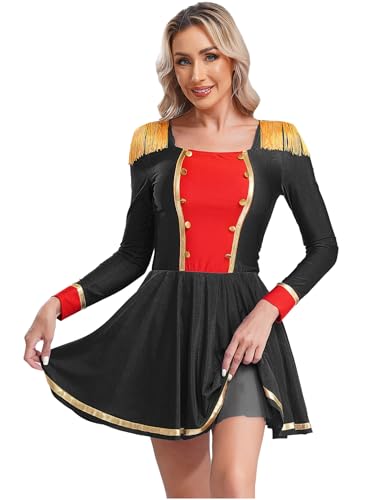 TTAO Damen Zirkus Kostüm Outfit Zirkusdirektor Uniform Langarm Tanzkleid Halloween Fasching Party Performance Mottoparty Bühnenkostüm Schwarz S von TTAO