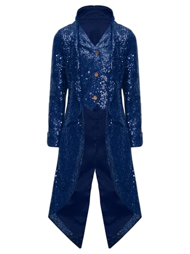 TTAO Jungen Pailletten Prinz Jacke Smoking Anzug Tops Glitzer Oberteile Zirkus Kostüm Party Fasching Halloween Karnevalskostüm Navy blau 170 von TTAO