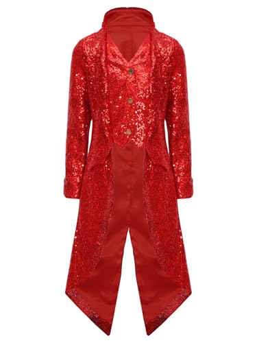 TTAO Jungen Pailletten Prinz Jacke Smoking Anzug Tops Glitzer Oberteile Zirkus Kostüm Party Fasching Halloween Karnevalskostüm Rot 110-116 von TTAO