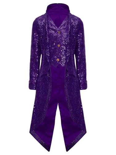 TTAO Jungen Pailletten Prinz Jacke Smoking Anzug Tops Glitzer Oberteile Zirkus Kostüm Party Fasching Halloween Karnevalskostüm Violett 110-116 von TTAO